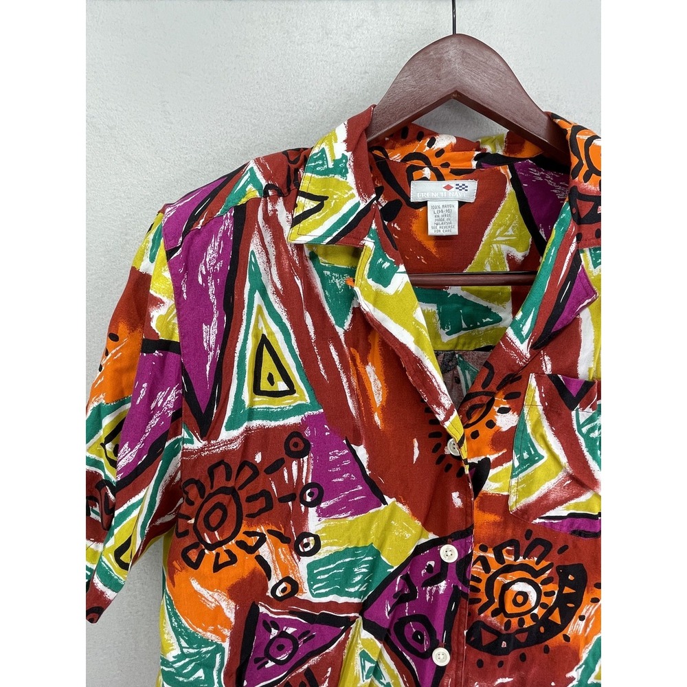 80s 90s Button Up Shirt L 14-16 Geometric Abstract French Navy VTG Wild Print